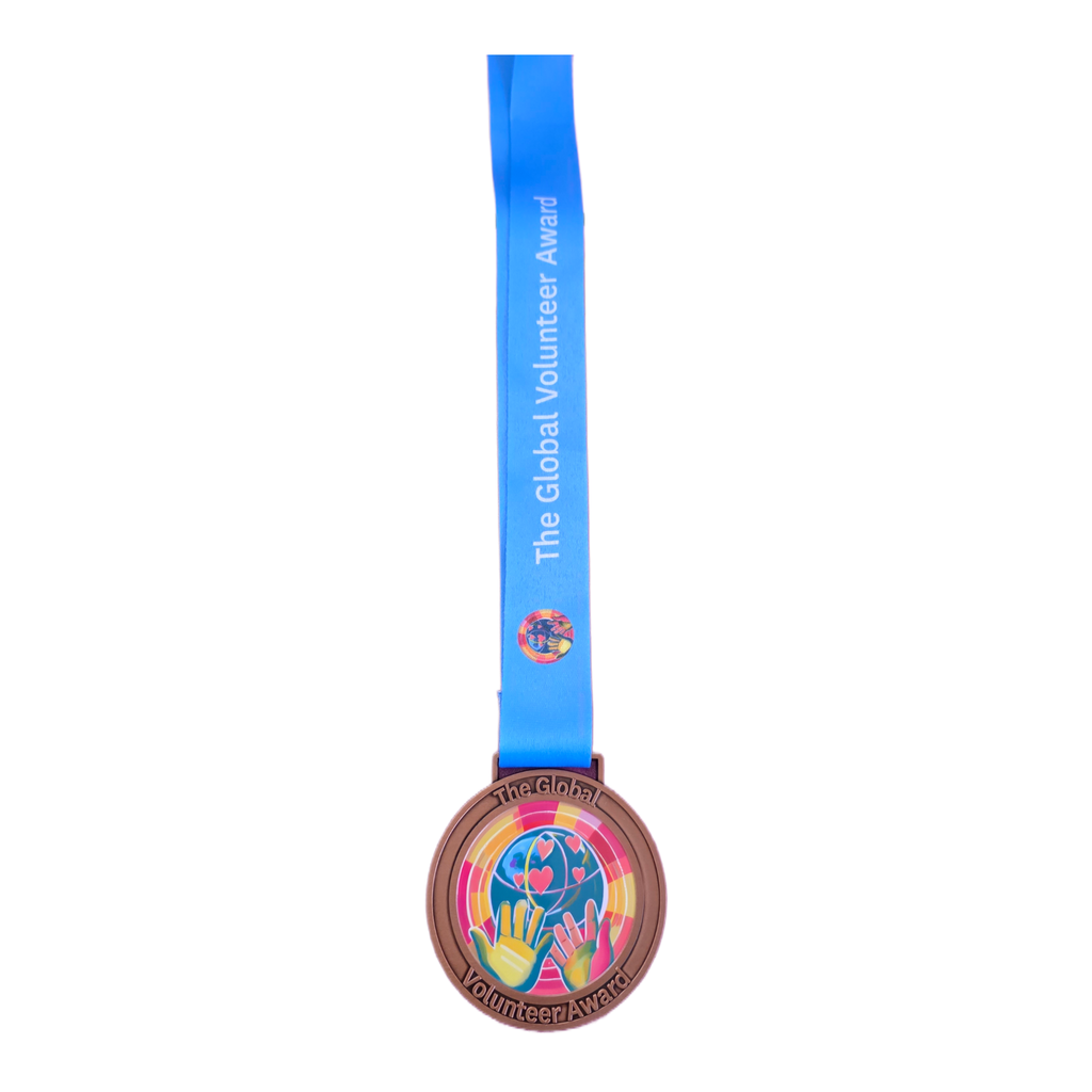 Medal with blue ribbon and colorful design on a white background
