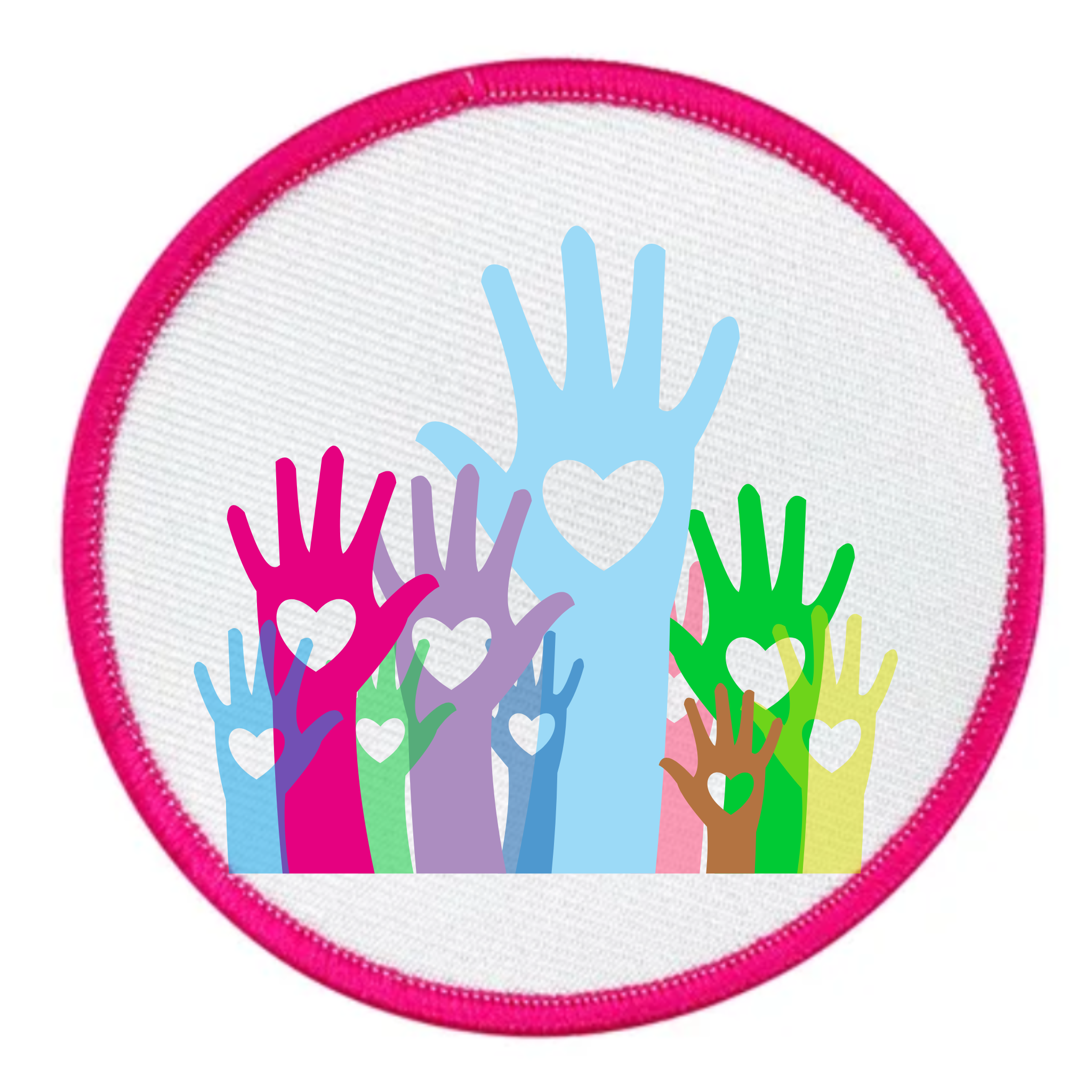 Round patch with colorful hands and hearts design on a white background