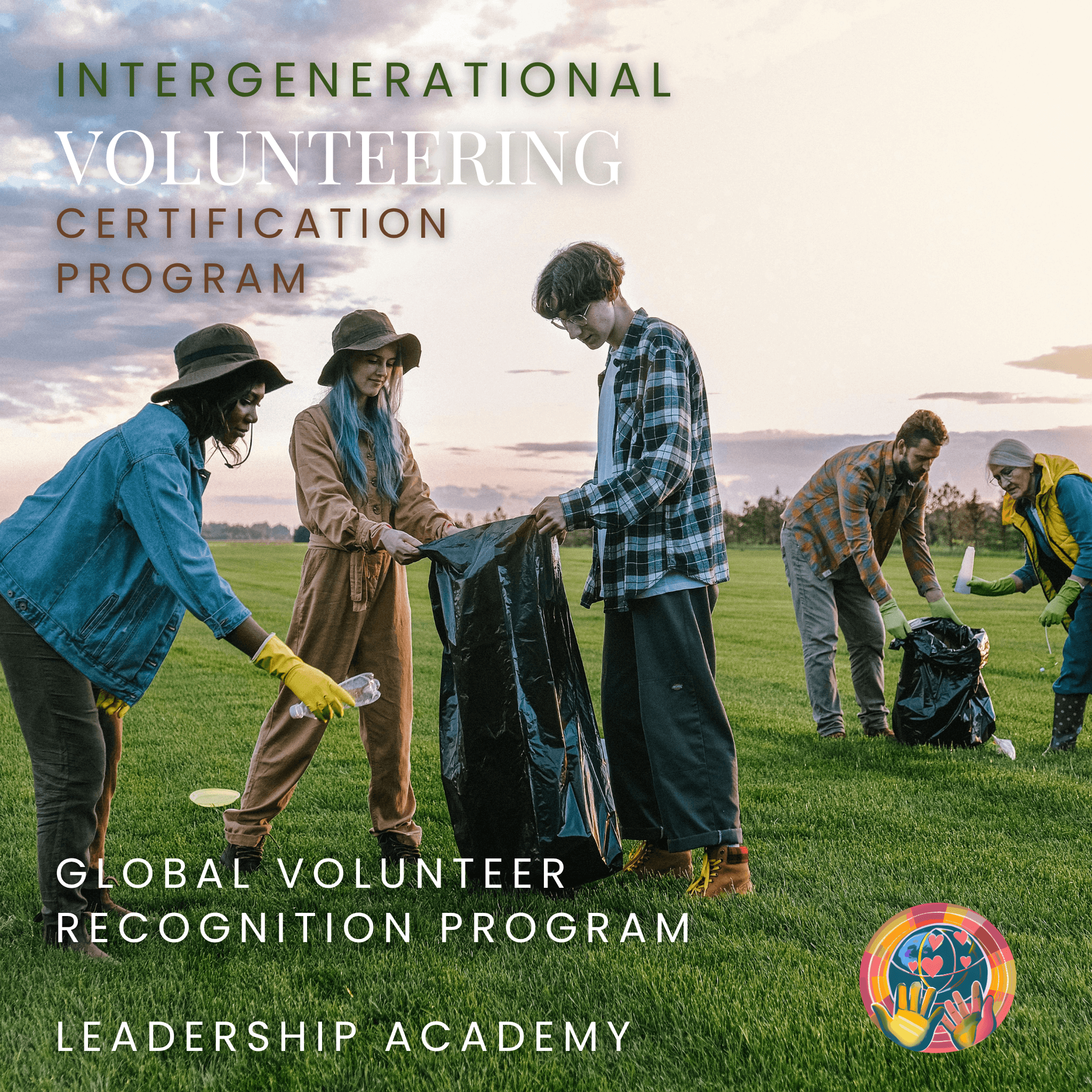 Group of people participating in a community service activity with text about an intergenerational volunteering certification program.