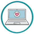 Digital Volunteer Badge Laptop with a heart on the screen inside a teal circle