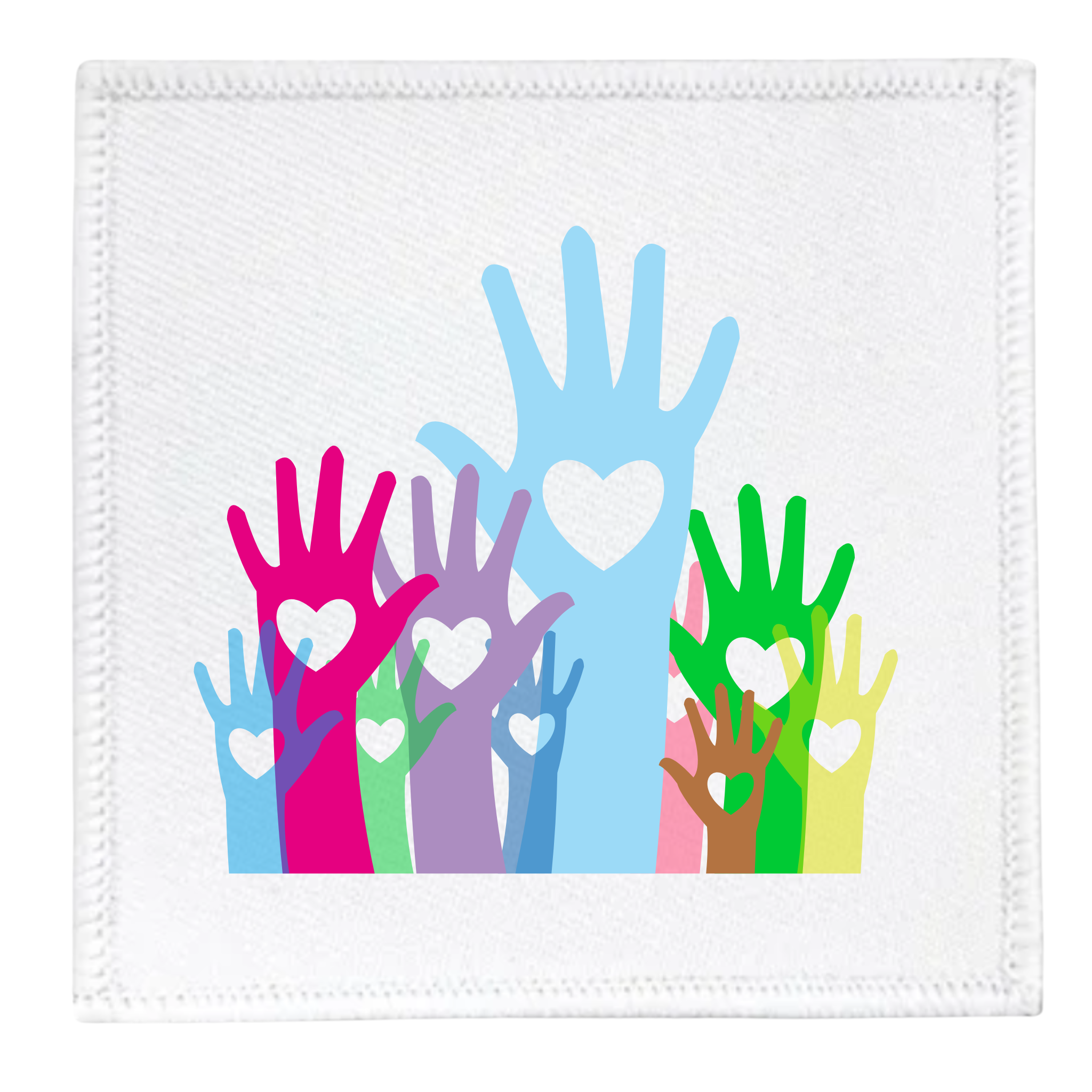 Colorful hands with heart symbols on a white background