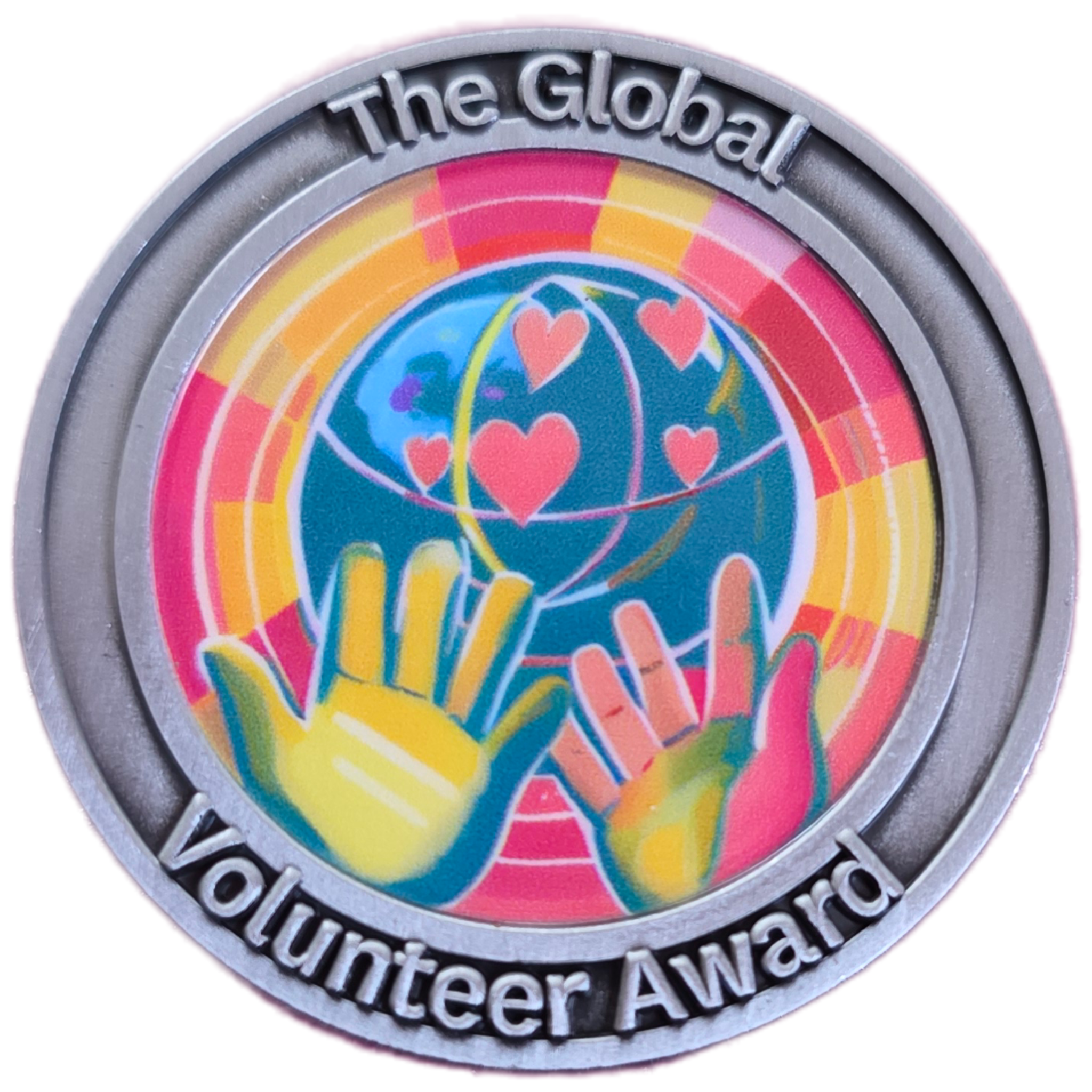 Colorful 'The Global Volunteer Award' coin with hands and hearts design on a white background