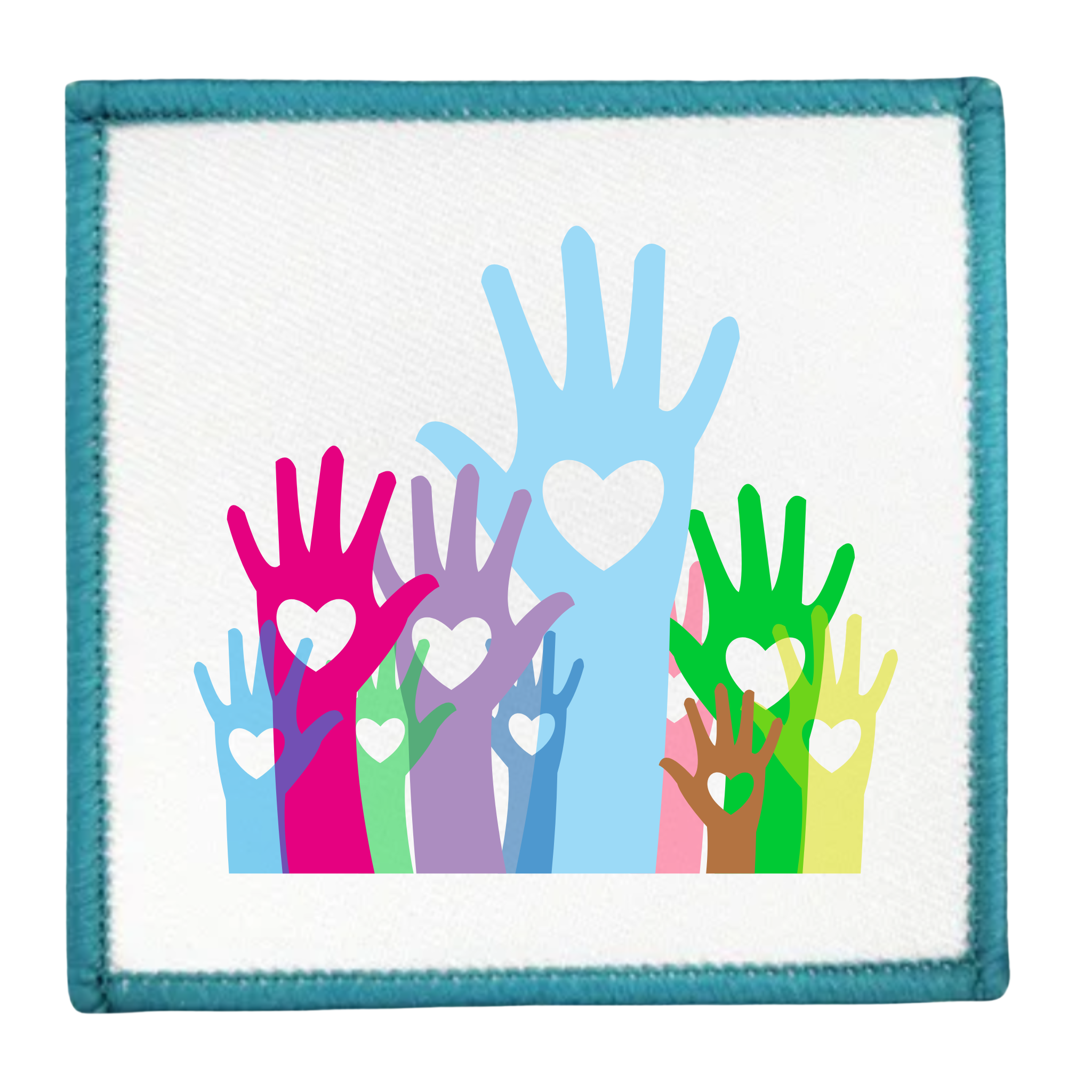 Colorful patch with hands and hearts design on a white background