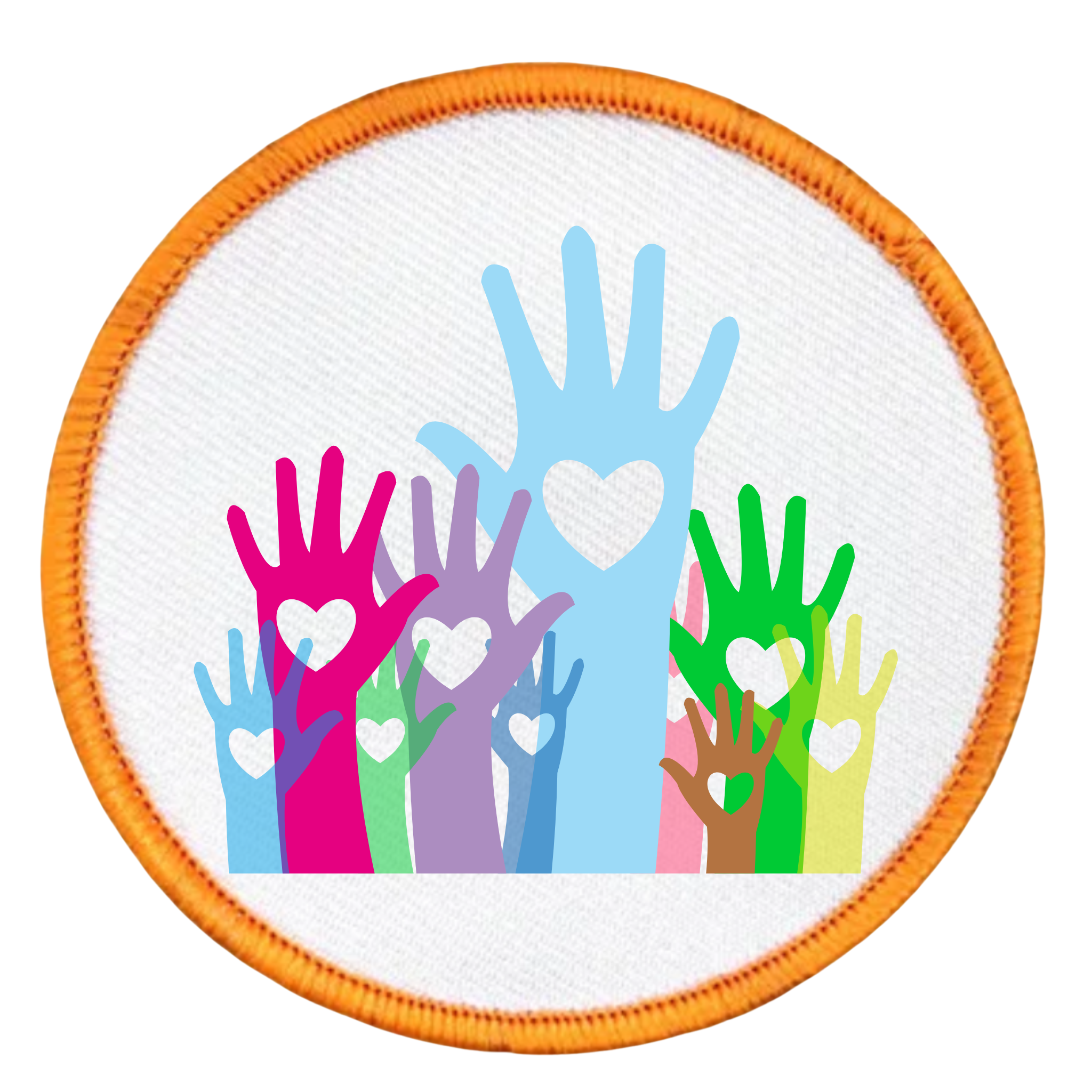 Round patch with colorful hands and hearts design on a white background