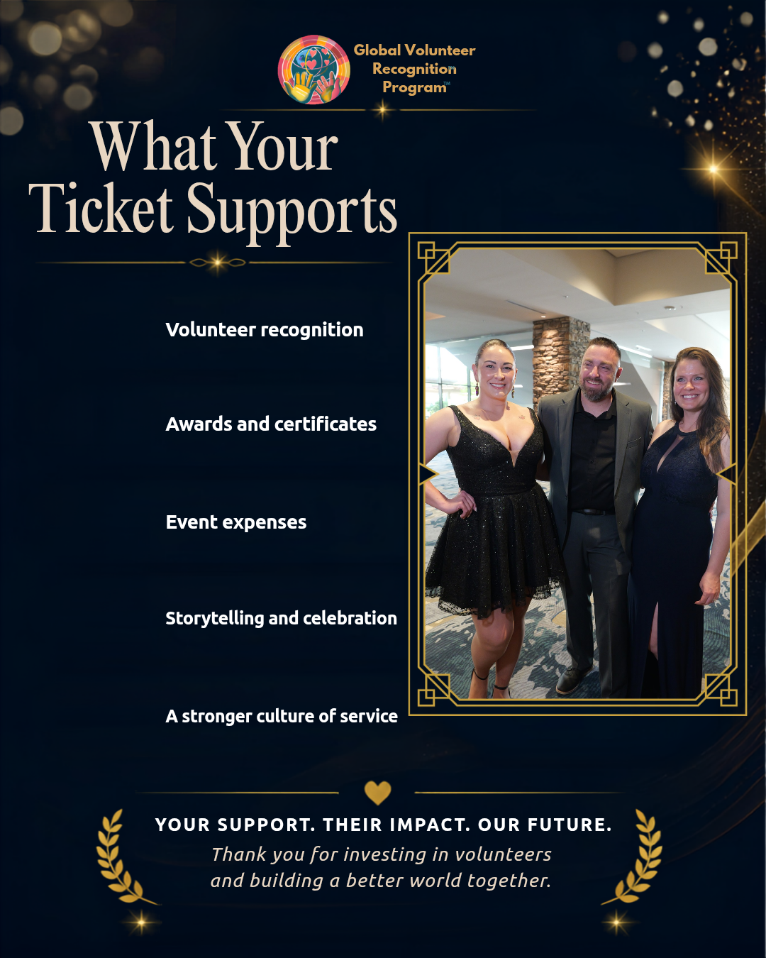 A promotional graphic for the Global Volunteer Recognition Program on a dark navy background. The text reads 'What Your Ticket Supports' followed by listed benefits such as volunteer recognition, awards and certificates, event expenses, storytelling and celebration, and a stronger culture of service.