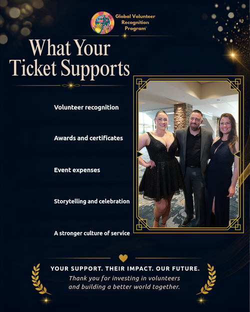 A promotional graphic for the Global Volunteer Recognition Program on a dark navy background. The text reads 'What Your Ticket Supports' followed by listed benefits such as volunteer recognition, awards and certificates, event expenses, storytelling and celebration, and a stronger culture of service.
